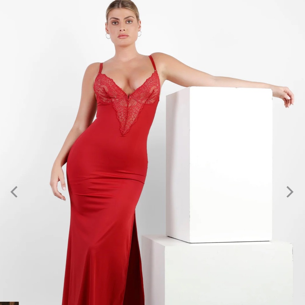 Shapewear Lace V Neck Side Slit Slimming Maxi Slip Dress